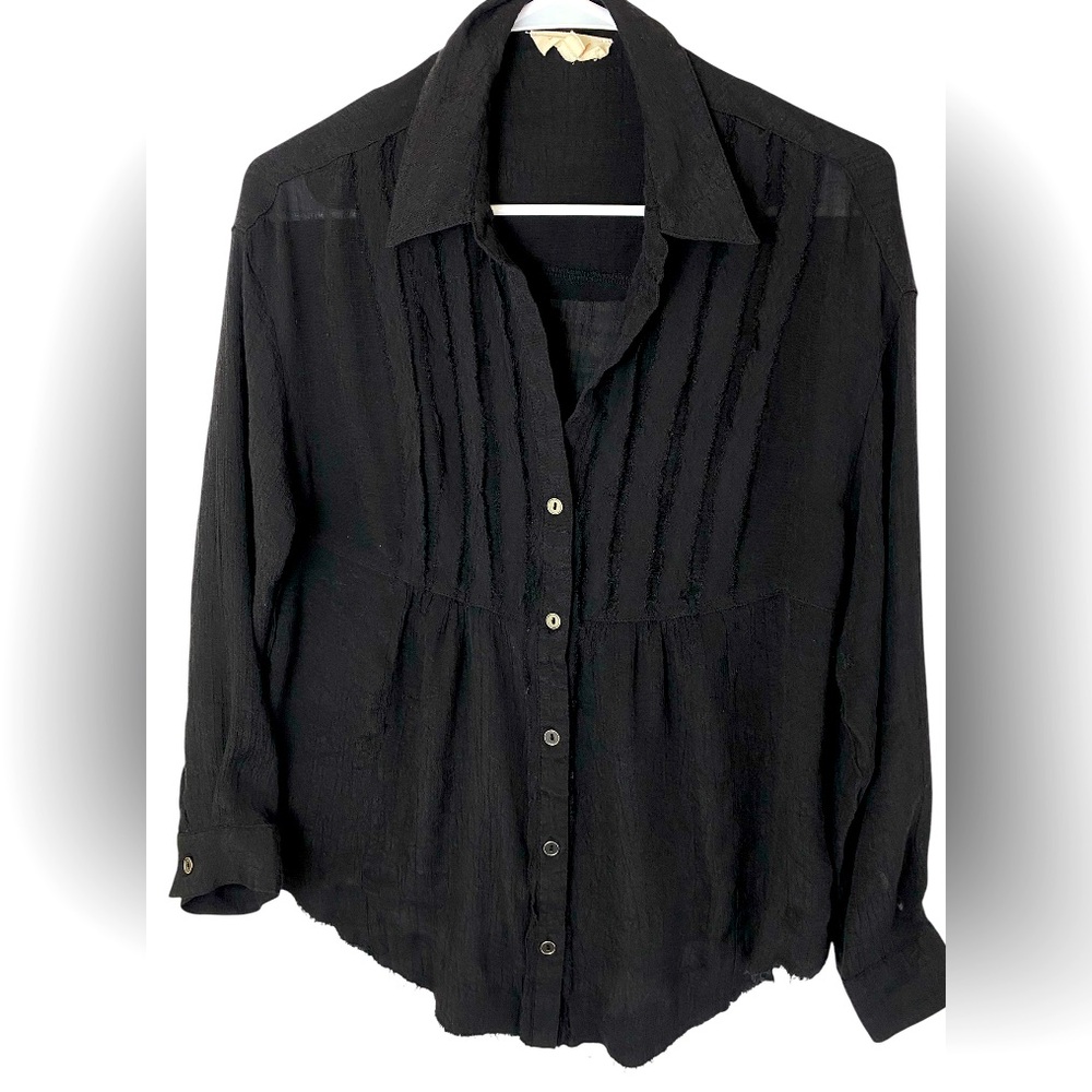 Listicle Women’s Small Black Sheer Button Down Distressed Style Long Sleeve Top